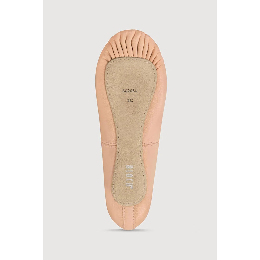 A single ballet flat shoe shown from the sole view, featuring a light peach-pink leather upper and a beige suede insole with the brand name &