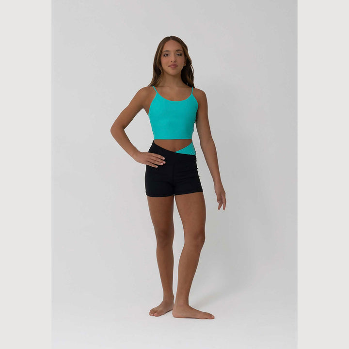 Womens Everly cropped singlet with spaghetti straps in aquamarine, front view