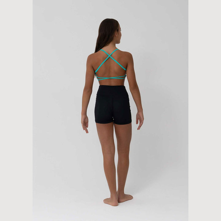 Womens Indy shorts in aquamarine, back view
