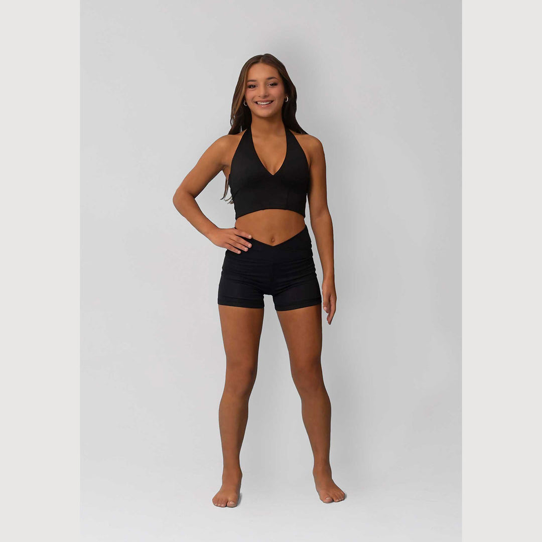 Womens Indy shorts in black, front view