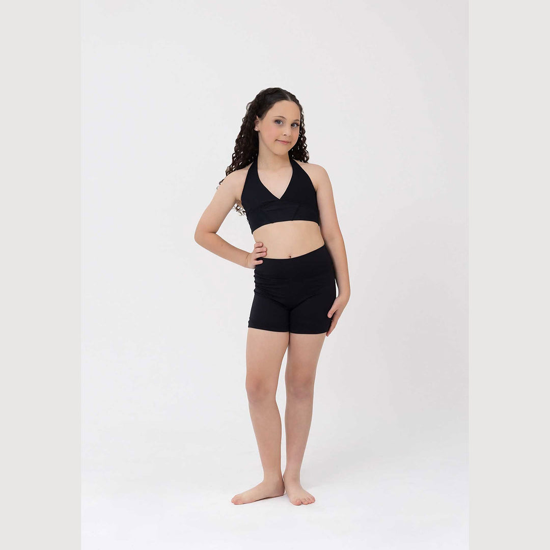 Studio 7 Dancewear Sierra girls halter crop top in Black, front view