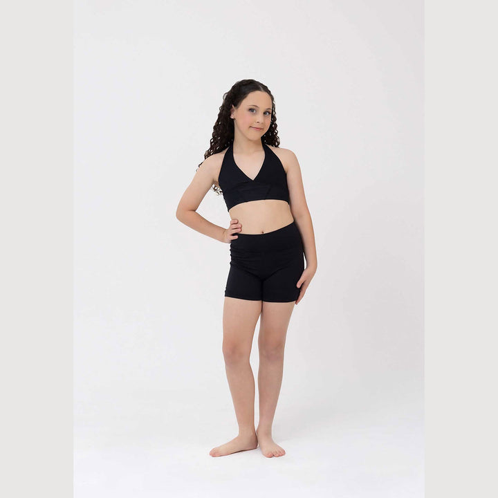 Studio 7 Dancewear Sierra girls halter crop top in Black, front view