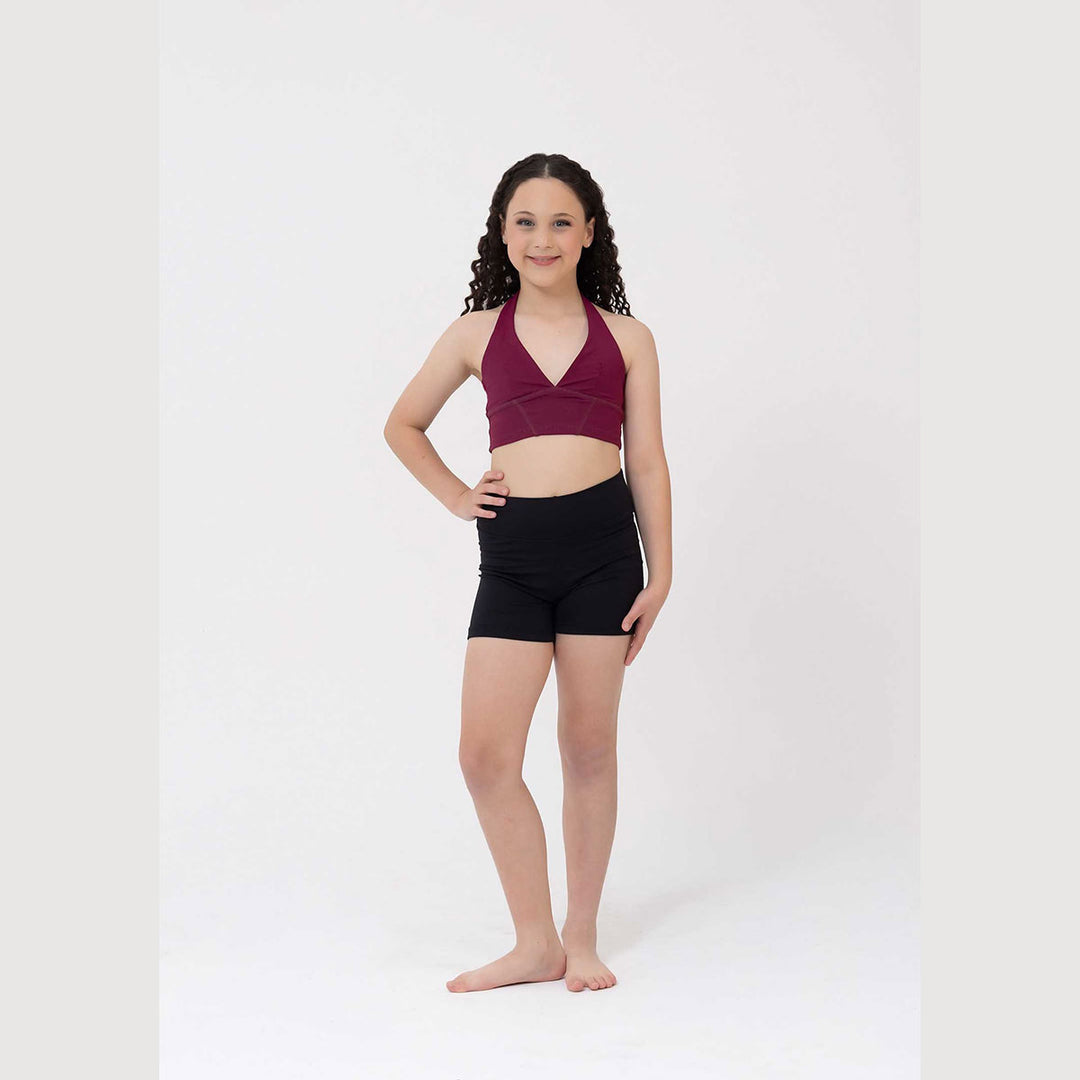 Studio 7 Dancewear Sierra girls halter crop top in Mahogany, front view