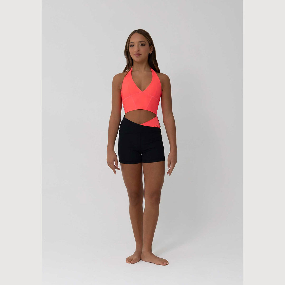 Studio 7 Dancewear Sierra girls halter crop top in Sunkissed, front view