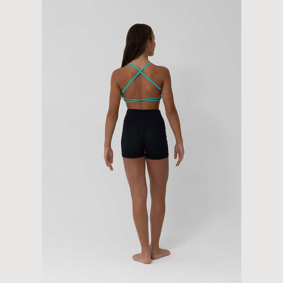 Studio 7 Dancewear Zella womens crop top in Aquamarine, back view with criss-cross straps