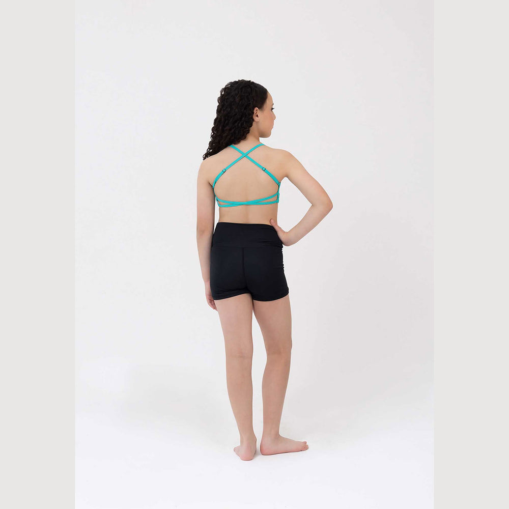 Studio 7 Dancewear Zella girls crop top in Aquamarine, back view with criss-cross straps