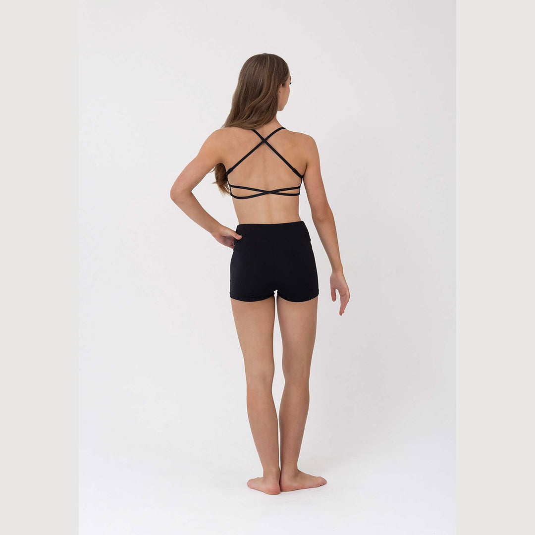 Studio 7 Dancewear Zella girls crop top in Black, back view with criss-cross straps