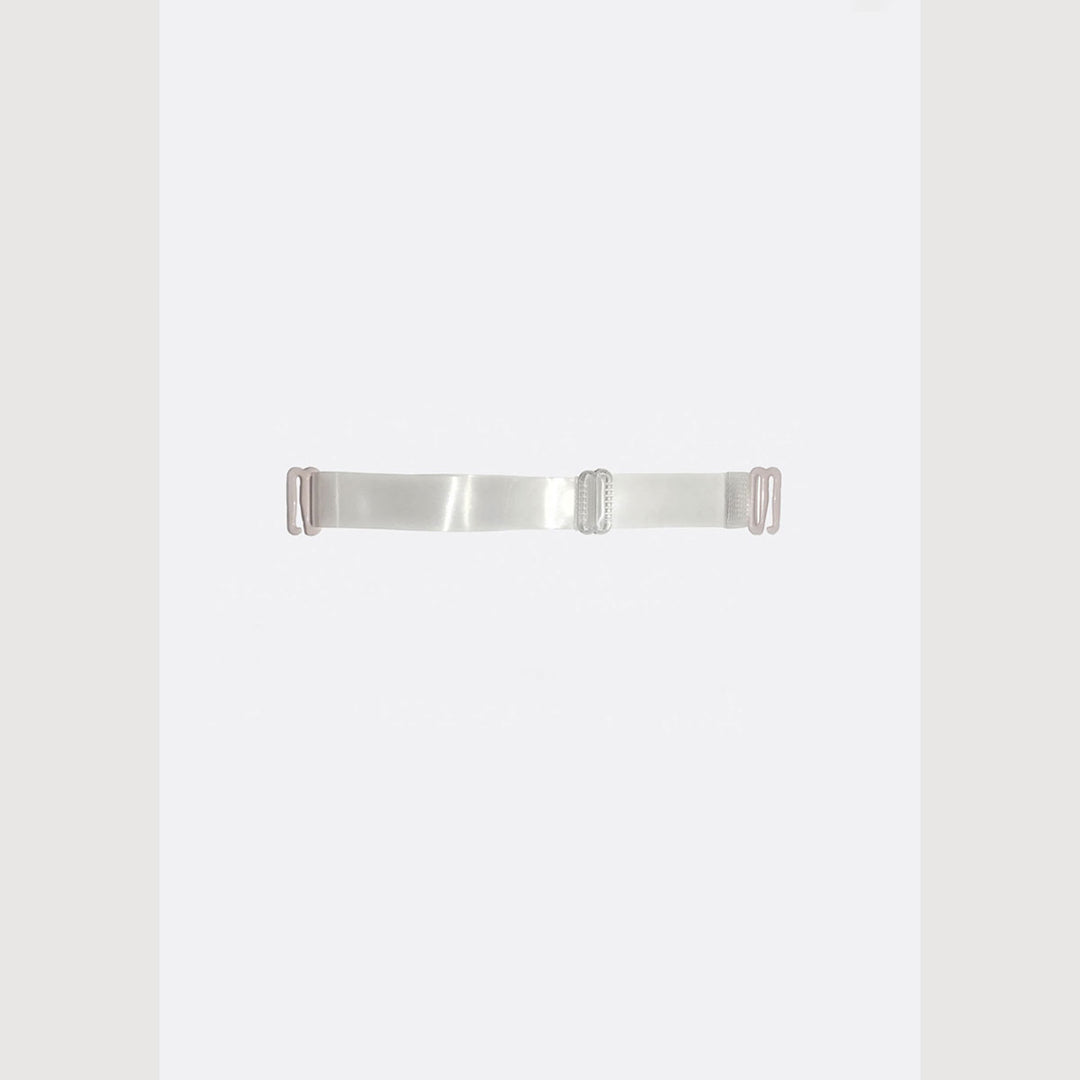Clear adjustable back strap with hook ends, shown flat