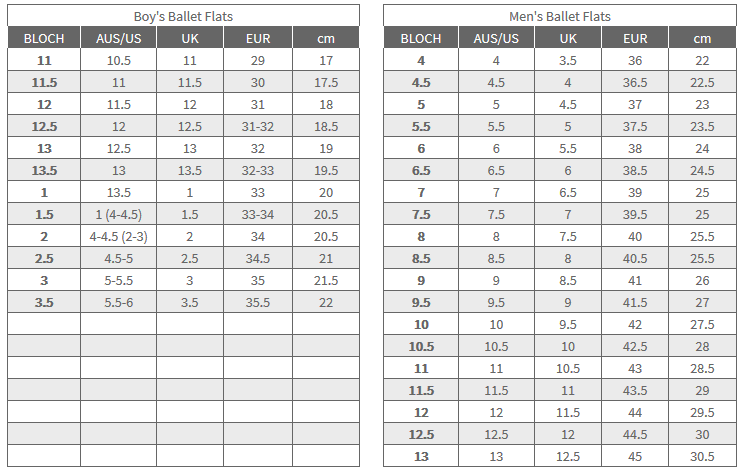 Bloch Ballet Size Chart